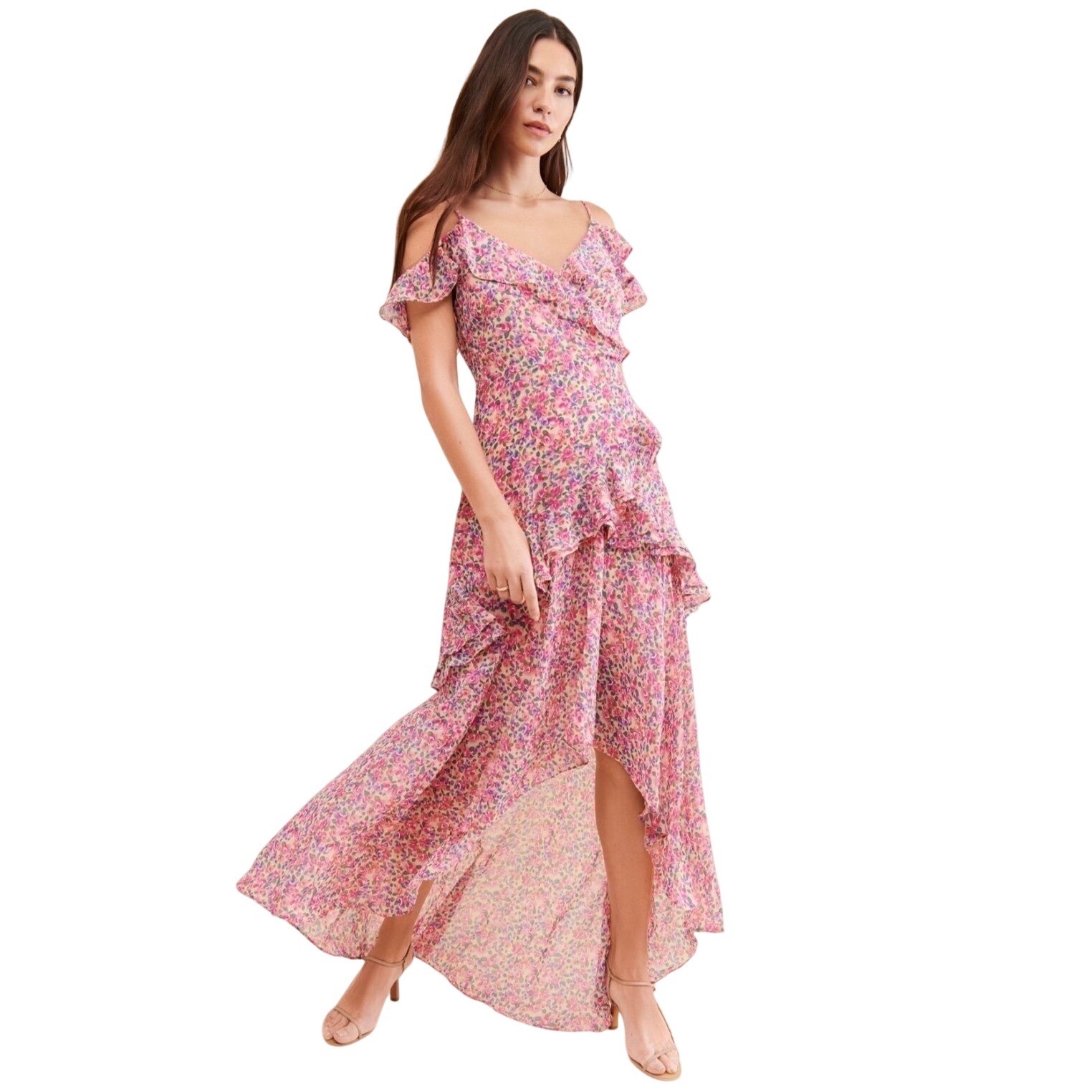 Pink Floral Ruffle High Low Maxi Dress Flutter Sleeve V-Neck Wedding Guest
